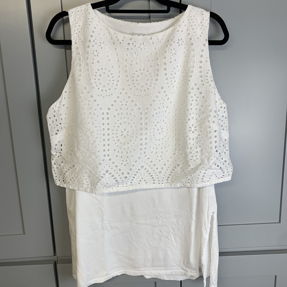 J. Jill White Eyelet Lace Overlay Sleeveless Tunic Top Tank Women Large L